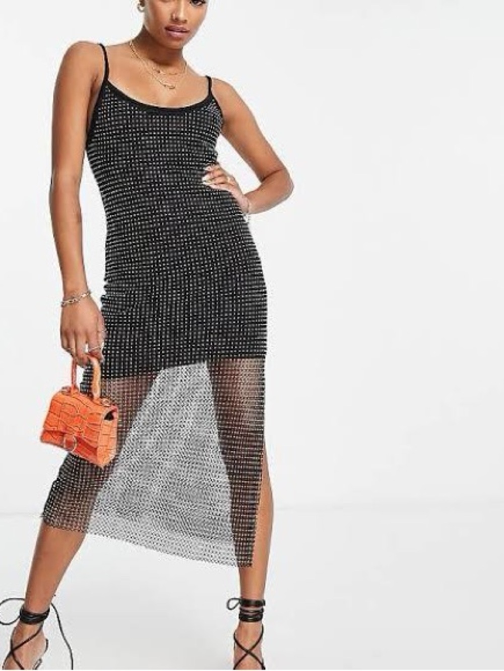 NWT ASOS DESIGN Black Rhinestone Mesh Midi Dress Size 14 Sparkly Party Dress